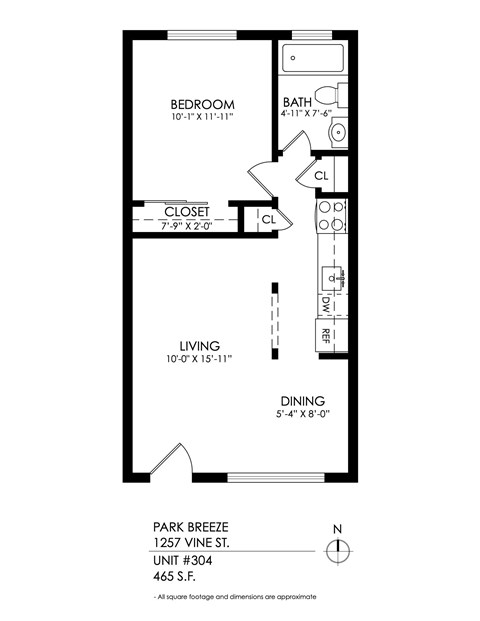 Floor plan for 1 bed, 1 bath, 460 sqft
